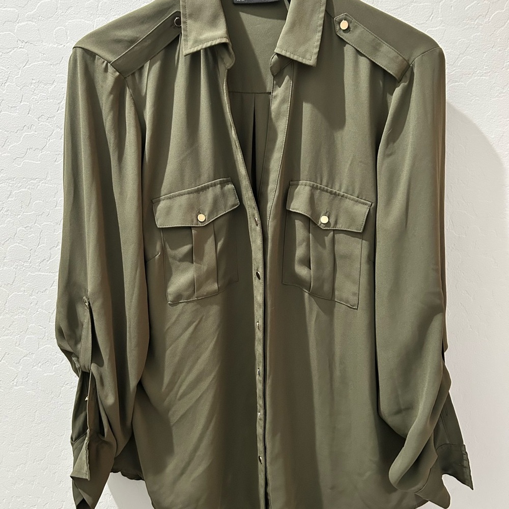 New York & Company Khaki Button Down Blouse